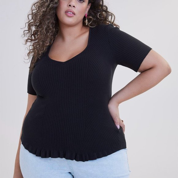 NWT Addition Elle Black Rib Short-Sleeve Sweater With Square Neckline - Picture 1 of 10